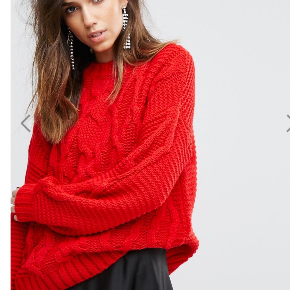 Miss Selfridge Oversized Red Cable Knit Sweater